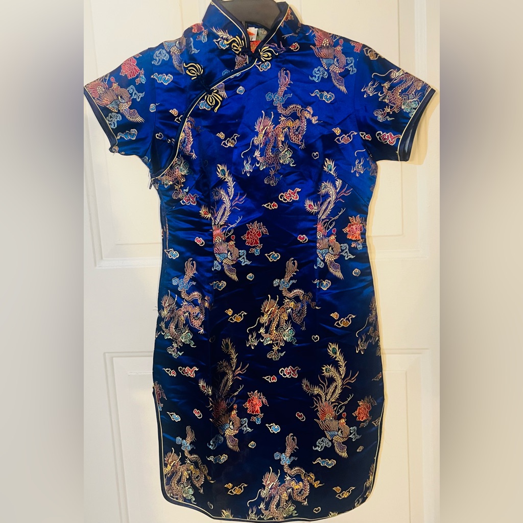 Laigudai Traditional Vbrant, Blue Satin Brocade Dress Size Small
